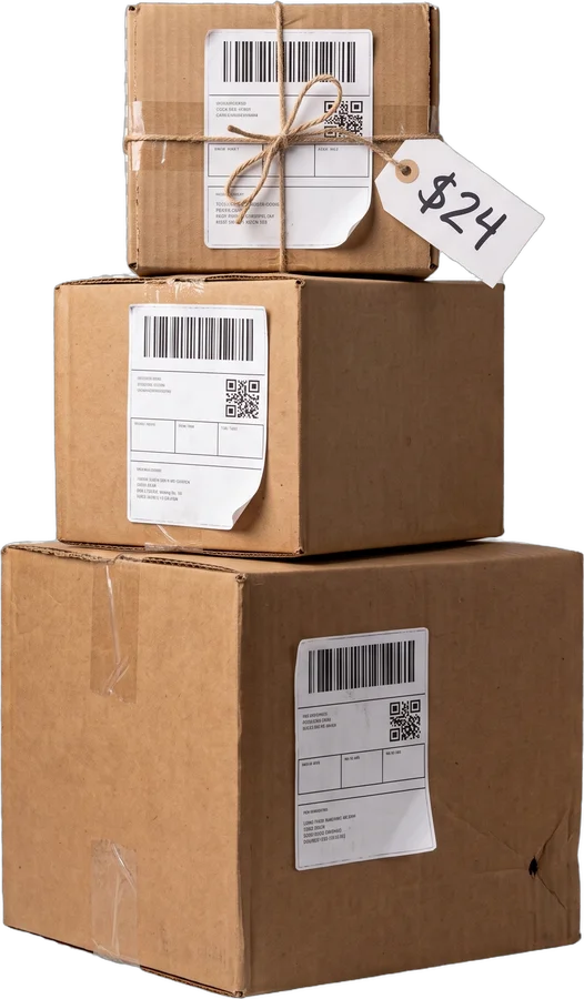 A stack of three cardboard parcels with shipping labels and a $24 price tag