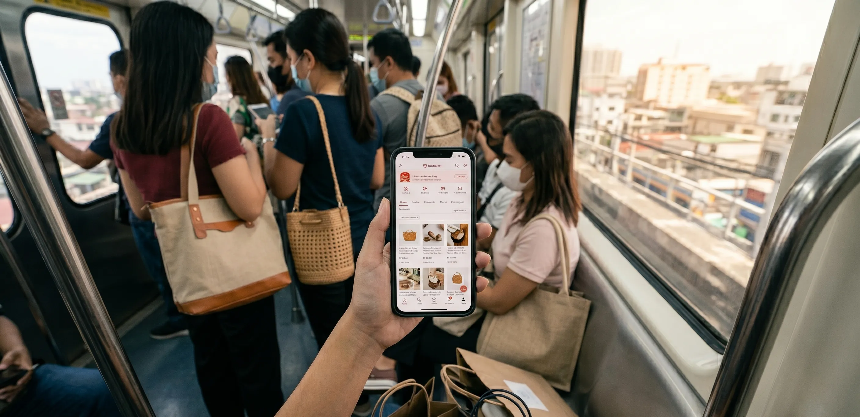 A young woman browsing an online shopping app on her smartphone while commuting in a busy urban environment