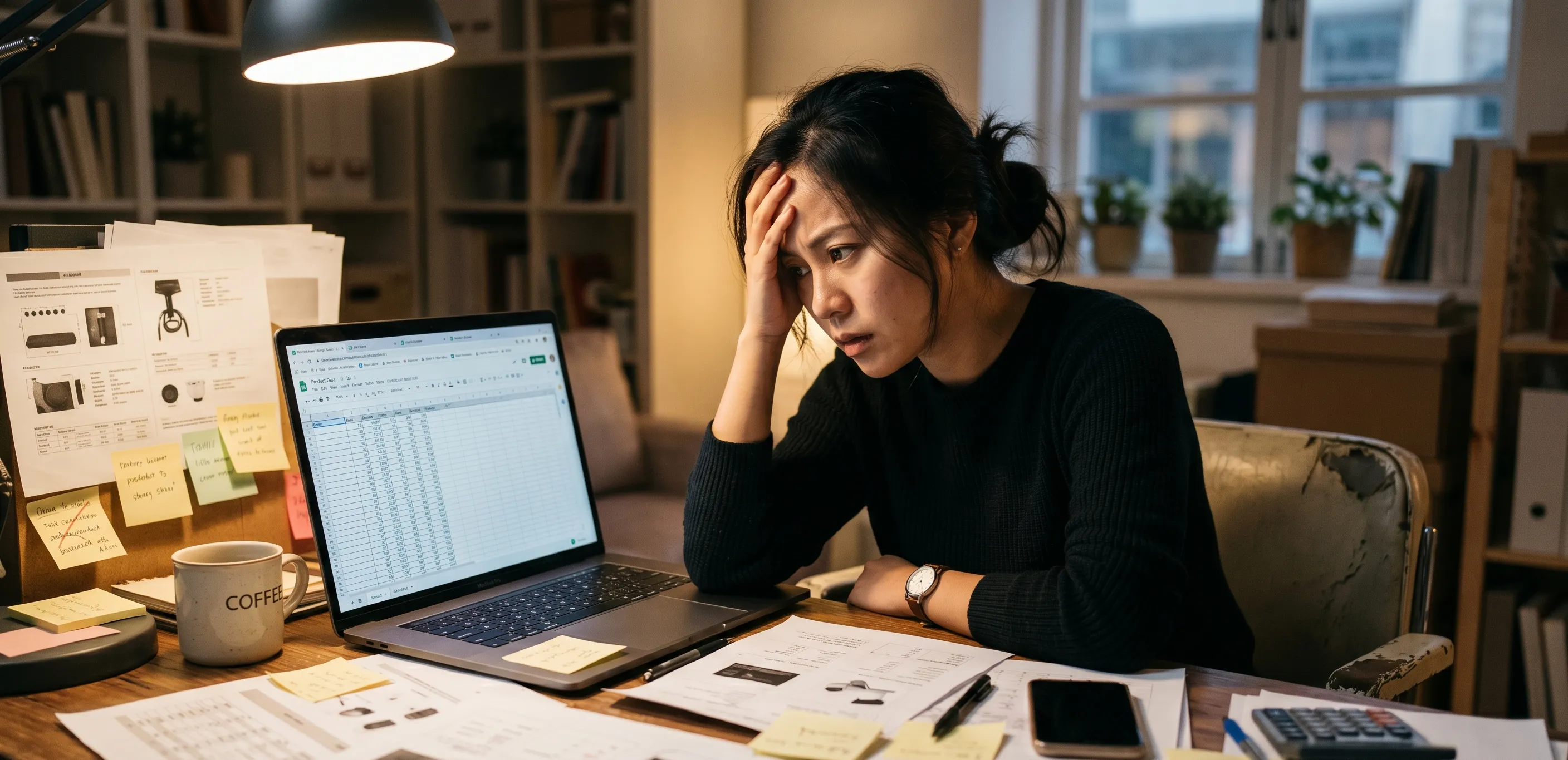A small business owner looking frustrated at a cluttered desk with a spreadsheet open on their laptop, sticky notes and printed product sheets scattered around