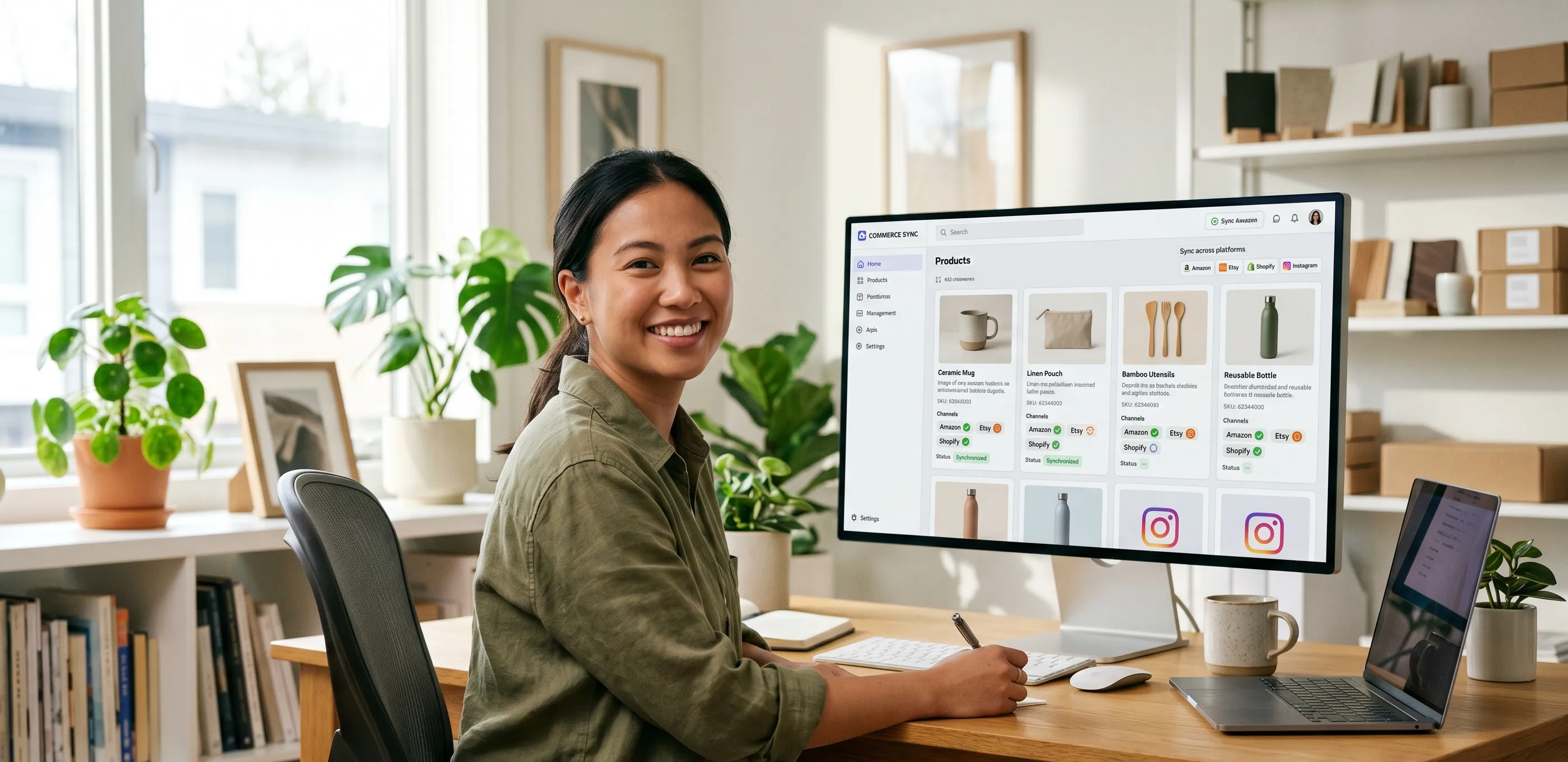 A shopper carefully reviewing product details and specifications on an e-commerce product listing