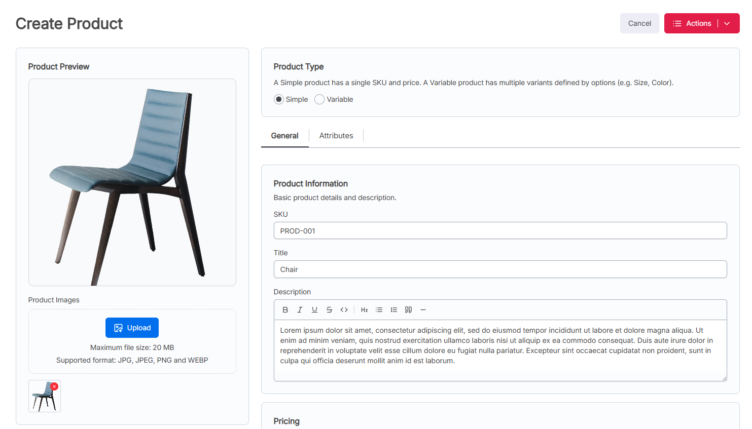 Sellufy PIM Dashboard - Create Product